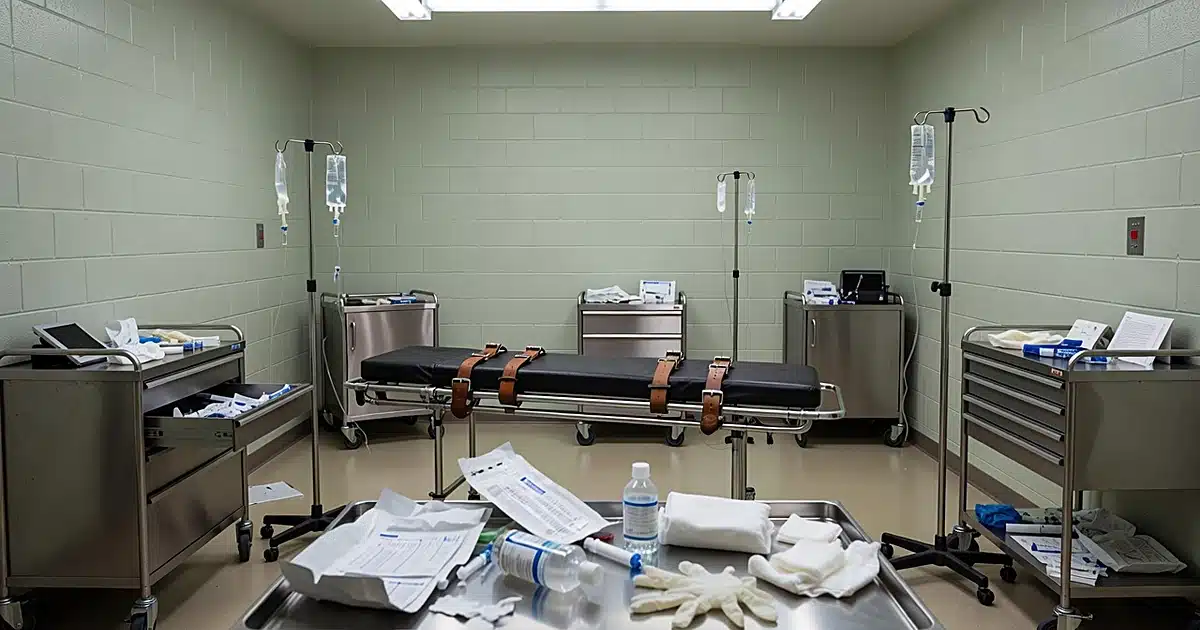 Empty prison execution chamber with medical equipment and gurney under fluorescent lights