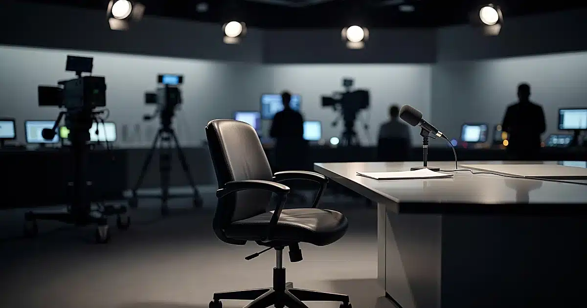 Empty broadcast studio anchor desk with chair pushed back, studio lights and camera equipment visible in background