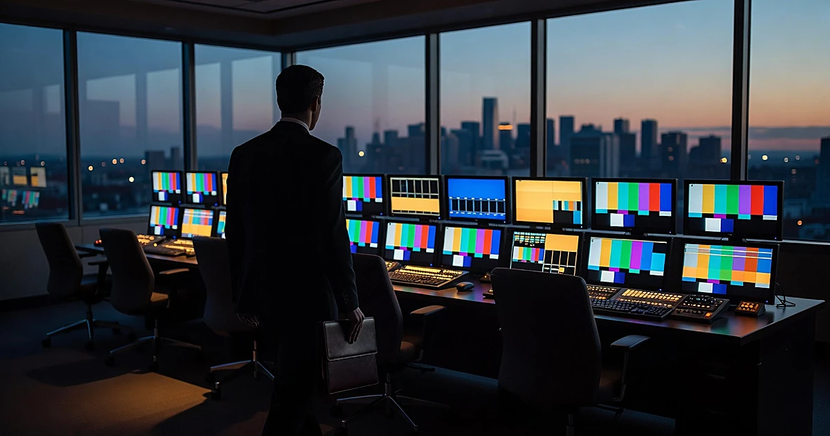 Silhouetted figure leaving broadcast control room with glowing monitors at dusk