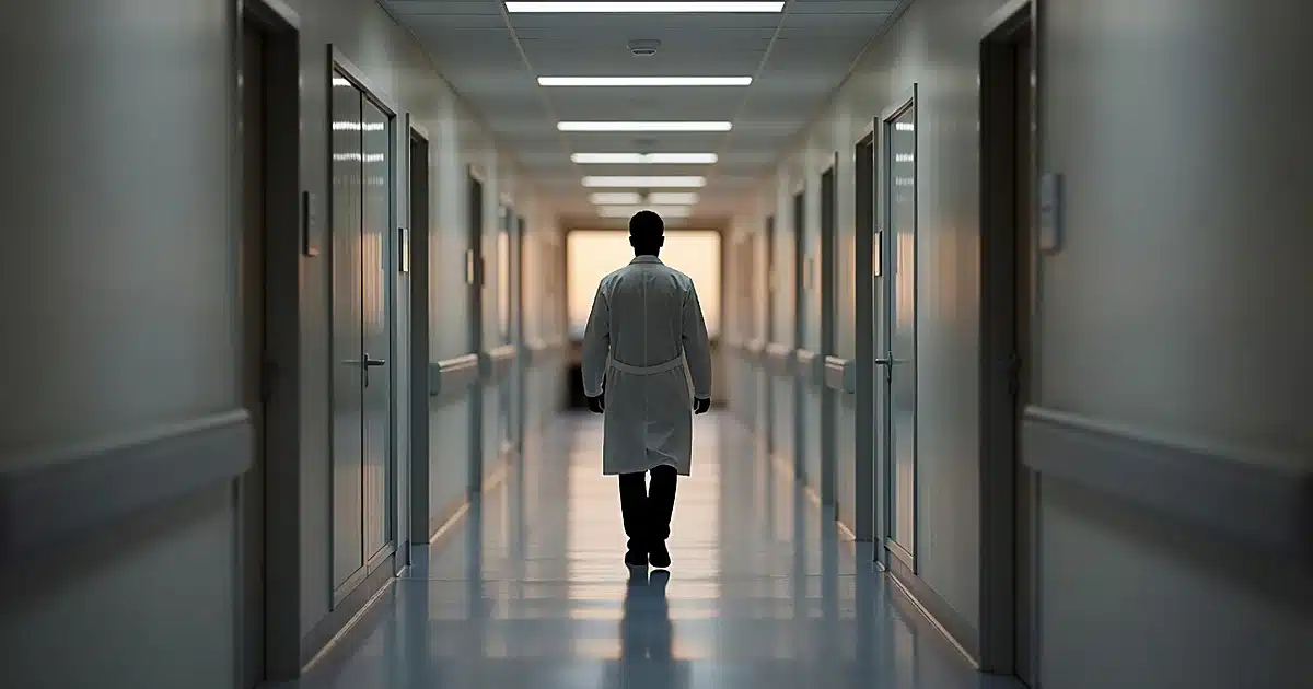 Silhouetted medical professional walking away down empty hospital corridor with soft overhead lighting