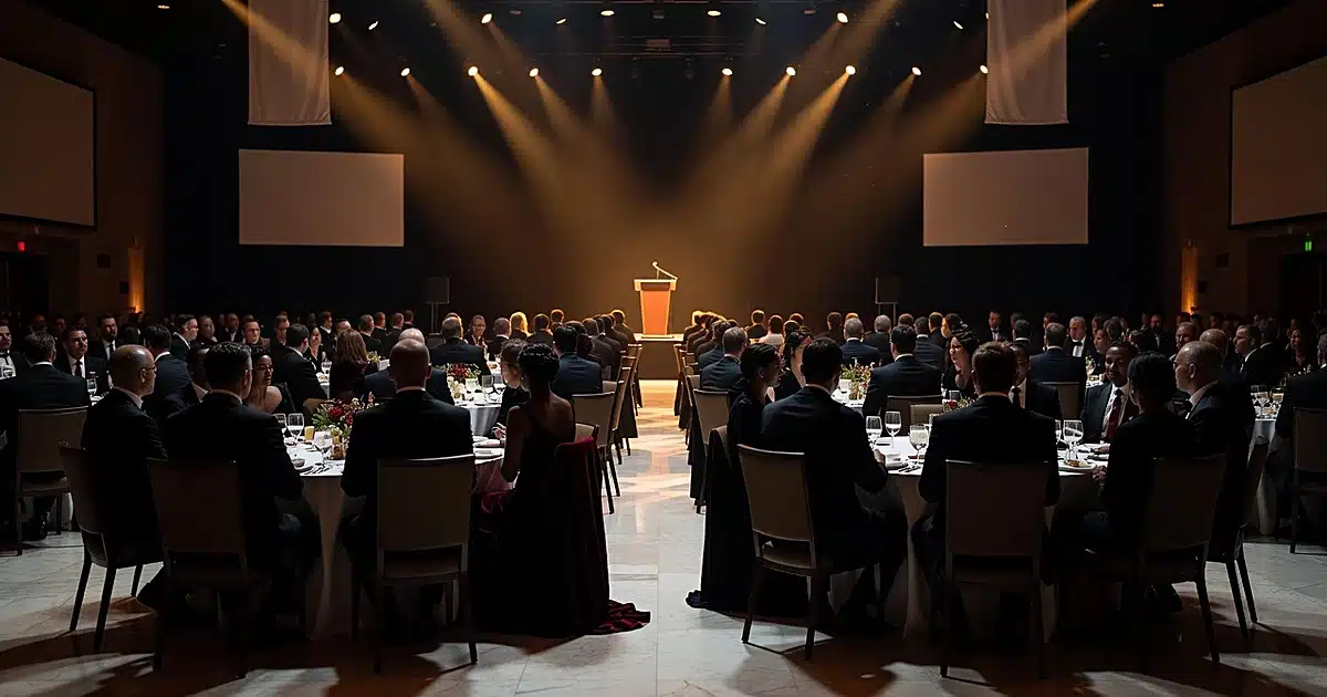 Silhouetted audience at formal charity gala facing illuminated stage with podium in luxury ballroom