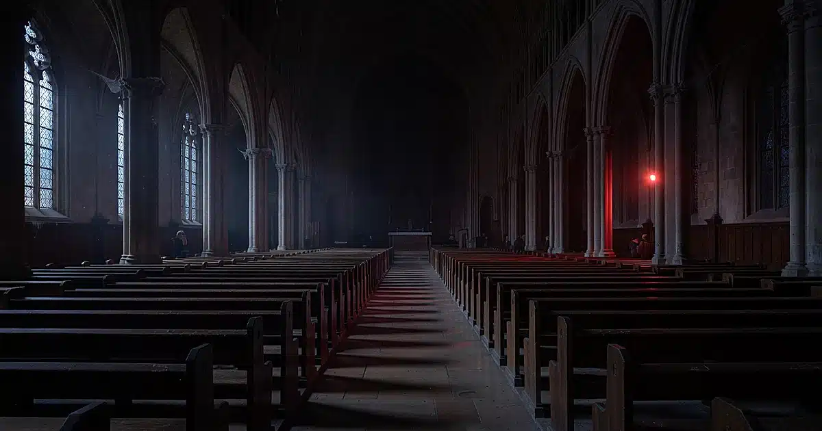 Empty cathedral interior with blue twilight and red artificial light creating stark division down center aisle