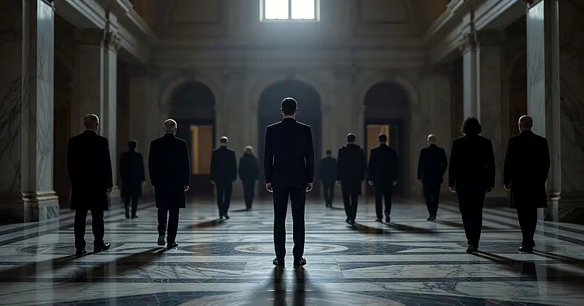 Lone figure stands in government chamber as silhouetted people walk away in opposite directions