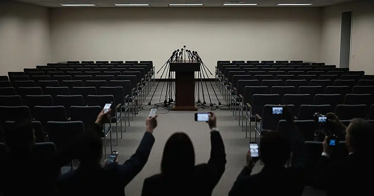 Empty White House press briefing room with reporters shown as silhouettes from behind reaching toward vacant podium