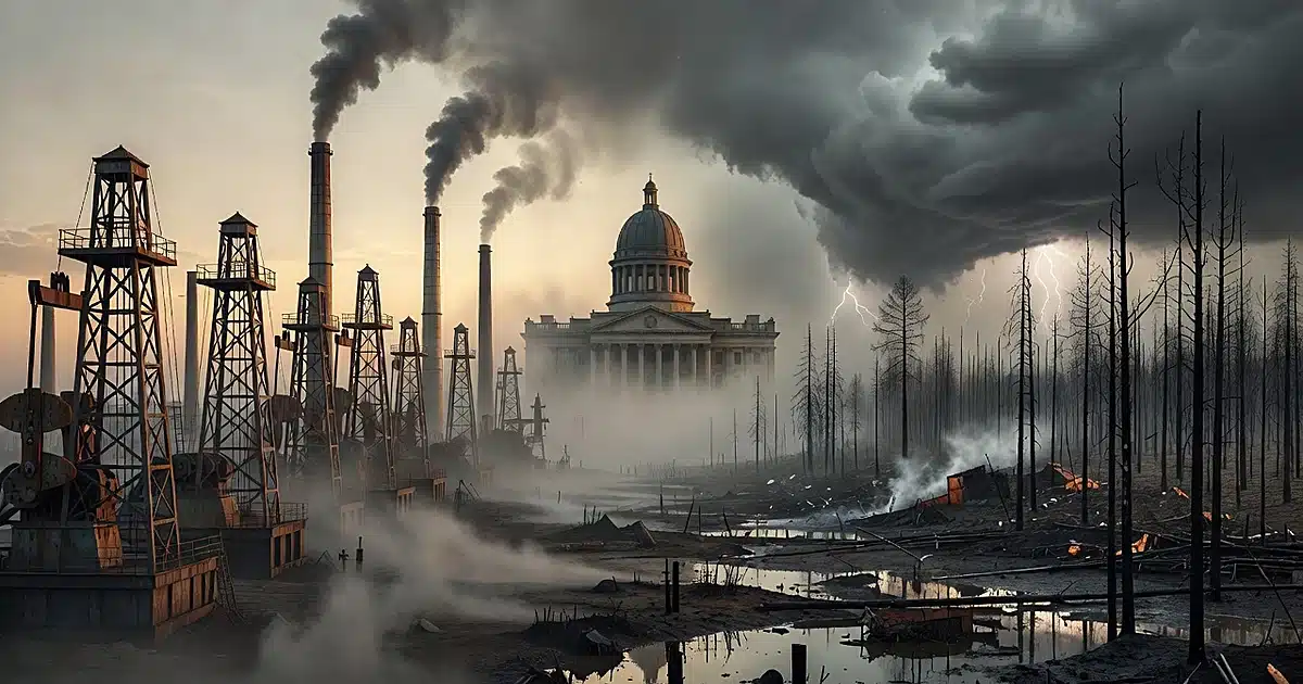 Oil infrastructure and environmental damage split by courthouse silhouette in hazy atmosphere