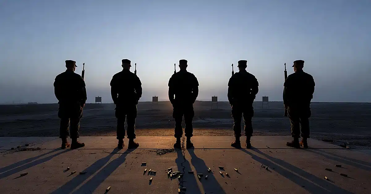 Silhouetted military firing squad formation at dawn on an empty rifle range with distant target posts in mist