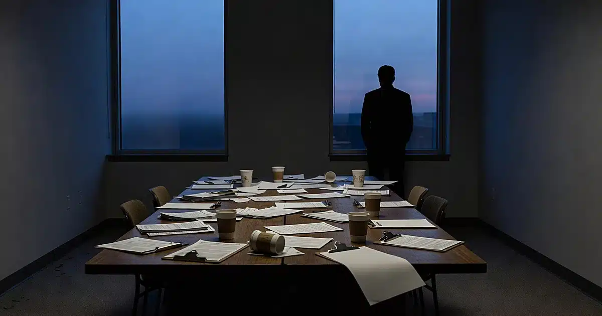 Empty campaign office at dusk with scattered materials on table and silhouetted figure at window