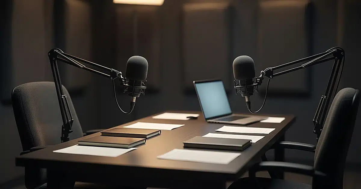 Empty podcast studio with two microphones and chairs prepared for recording session