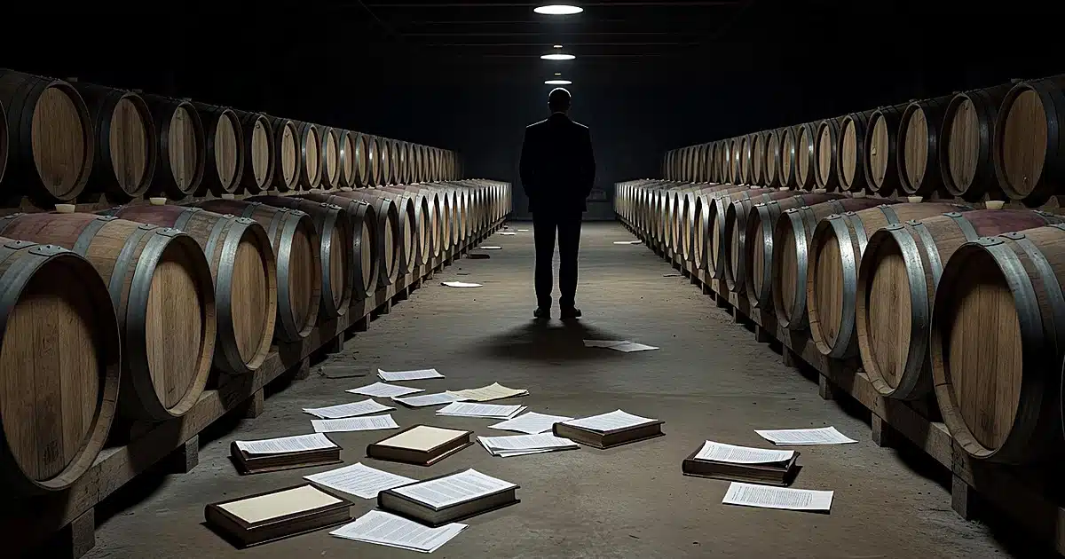 Empty wine cellar with abandoned barrel racks and scattered documents on floor, silhouetted figure in background