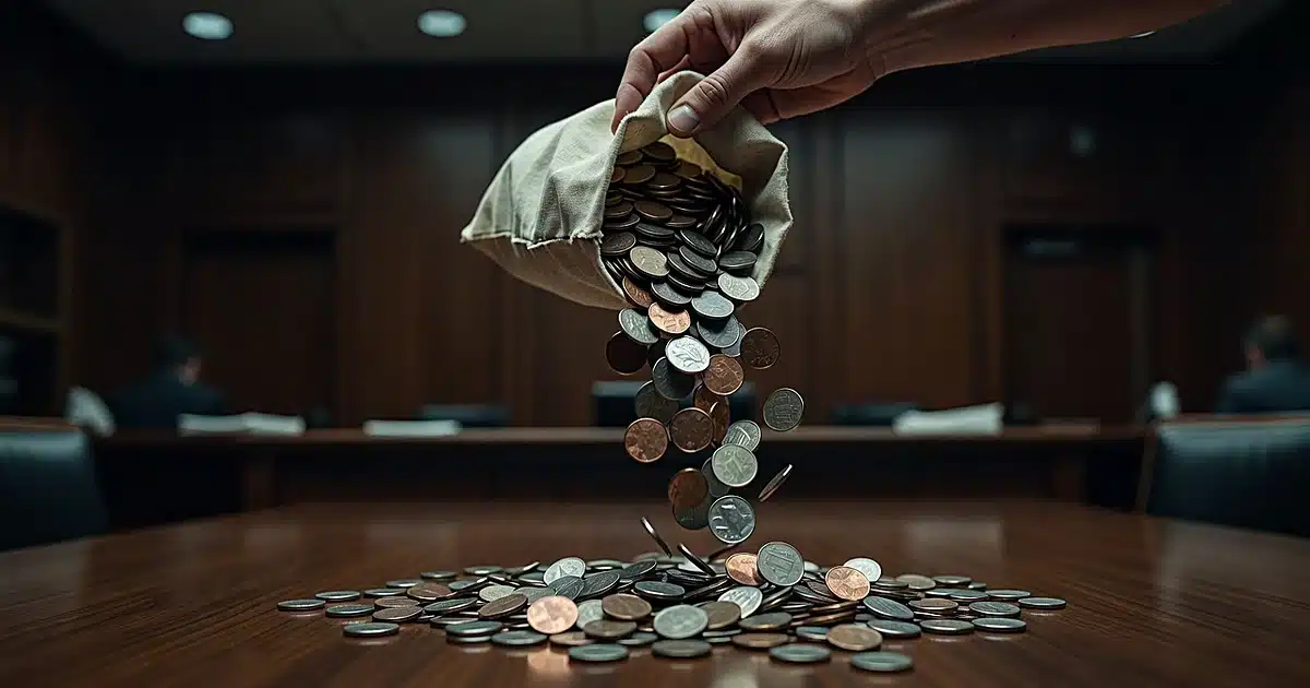 Hand pouring nickels and pennies from bank bag onto wooden table in government office setting