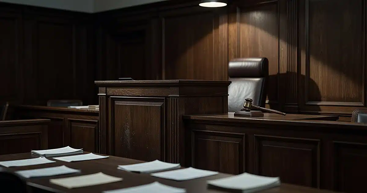 Empty courtroom with judge's bench and scattered legal documents awaiting sentencing hearing