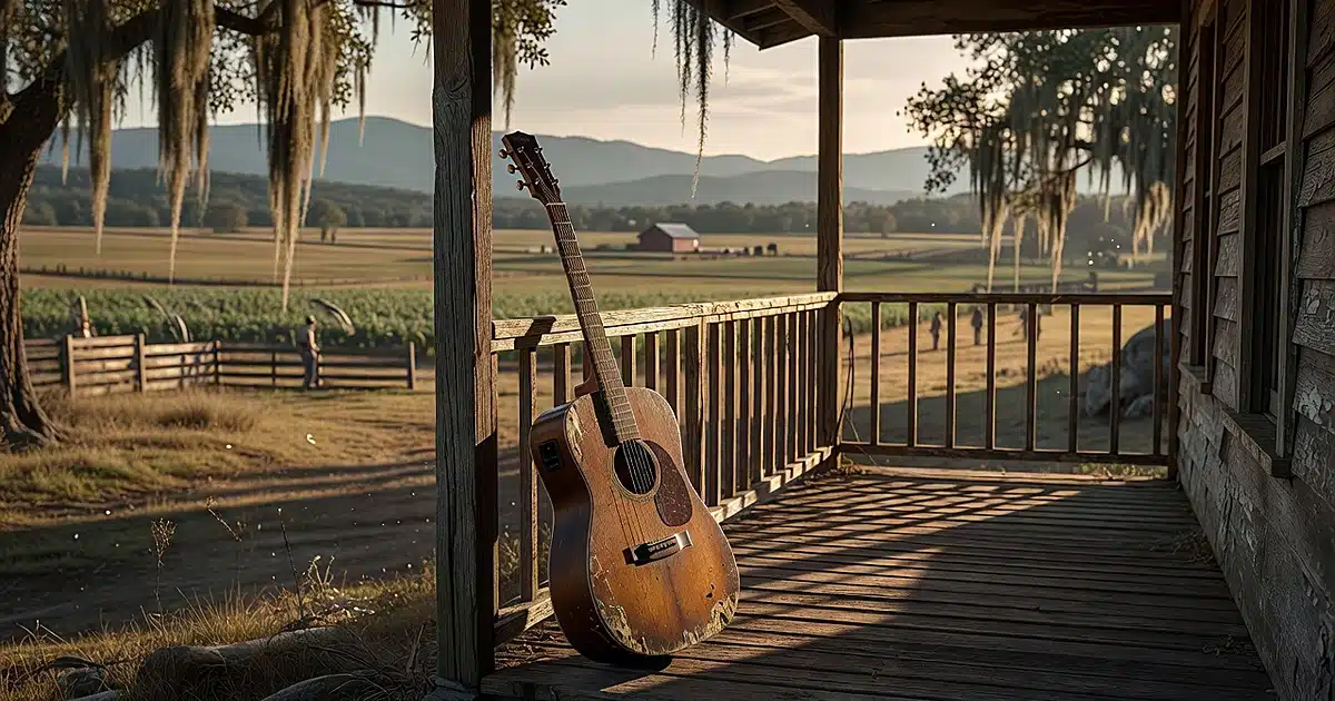 Acoustic guitar on a Tennessee porch overlooking rural farmland at sunset with distant hills