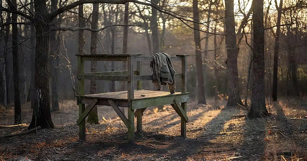 Empty deer hunting stand in Alabama forest at sunset with camouflage gear visible on wooden platform