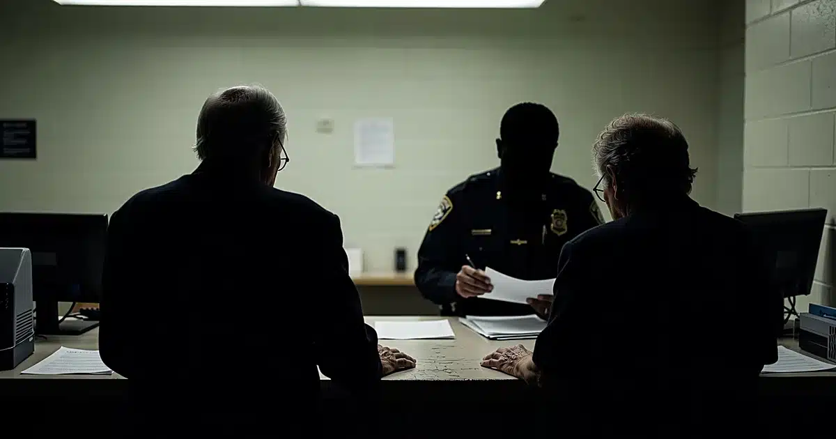 Two elderly silhouettes at police booking counter with officer processing paperwork in dim institutional lighting