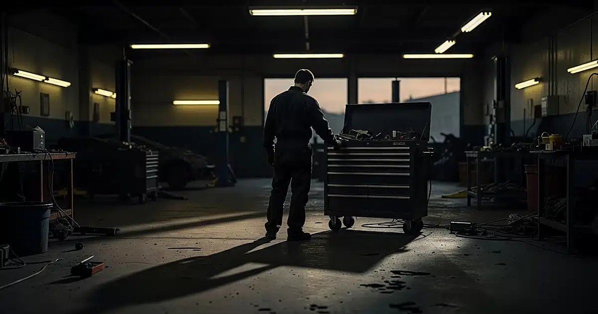 Dark automotive repair shop interior with silhouetted mechanic figure and restroom doorway in background