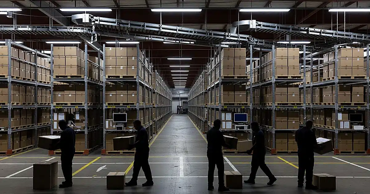 Government warehouse with rows of supply crates and silhouetted workers moving boxes under fluorescent lights