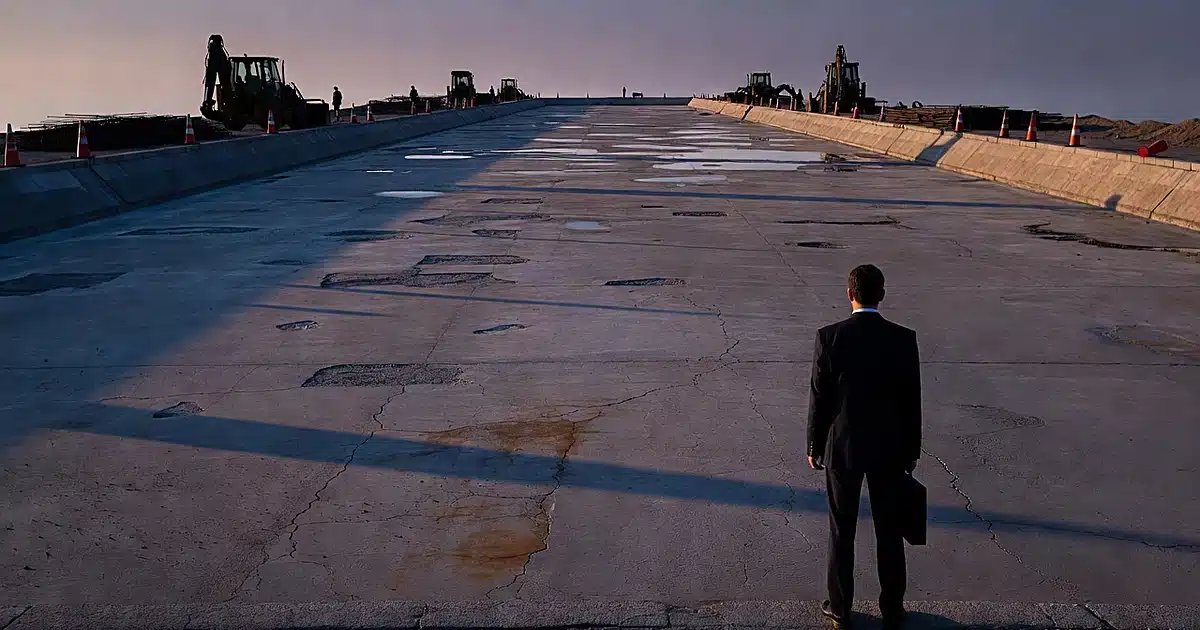 Empty reflecting pool with cracked concrete lining, construction equipment, and silhouetted figure viewing damage