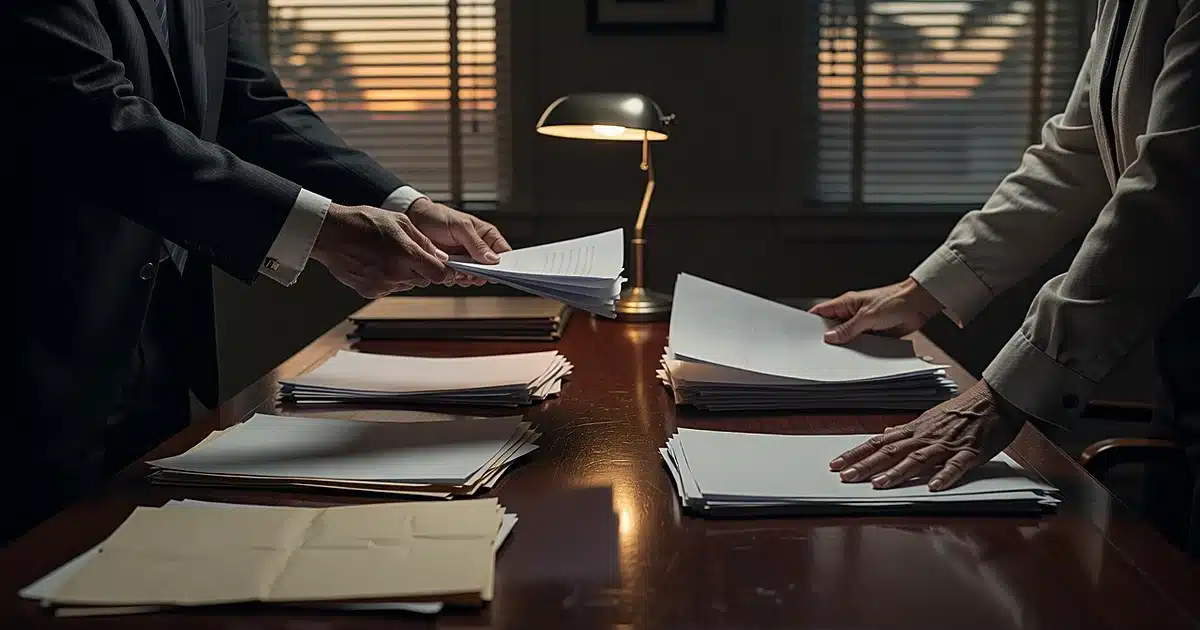 Hands from opposite sides of desk pulling documents in different directions, suggesting institutional conflict
