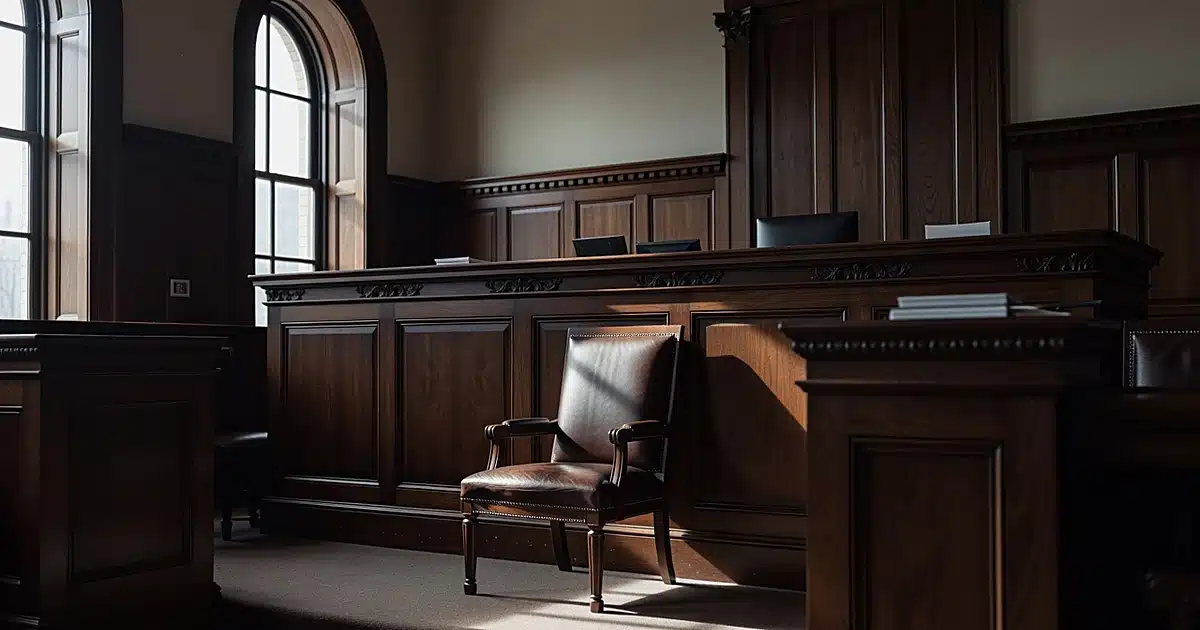 Empty judicial bench and witness stand in New York courthouse interior with dramatic window lighting