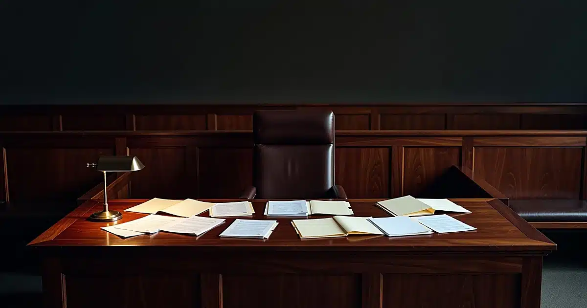Empty judge's bench with scattered legal documents and brass lamp in darkened courtroom