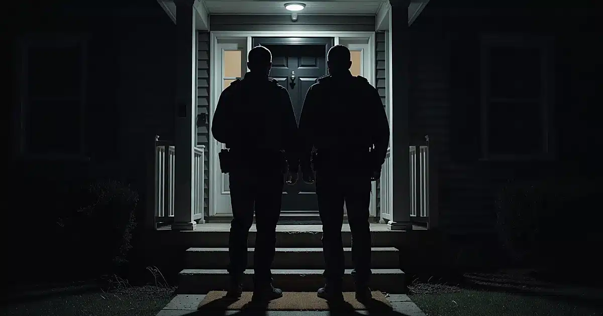 Night view of residential porch with motion light illuminating two silhouetted figures in tactical gear at doorstep