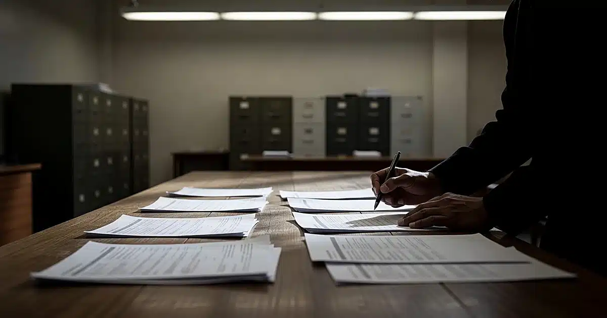 Federal investigator reviewing scattered immigration documents on examination table in courthouse evidence room