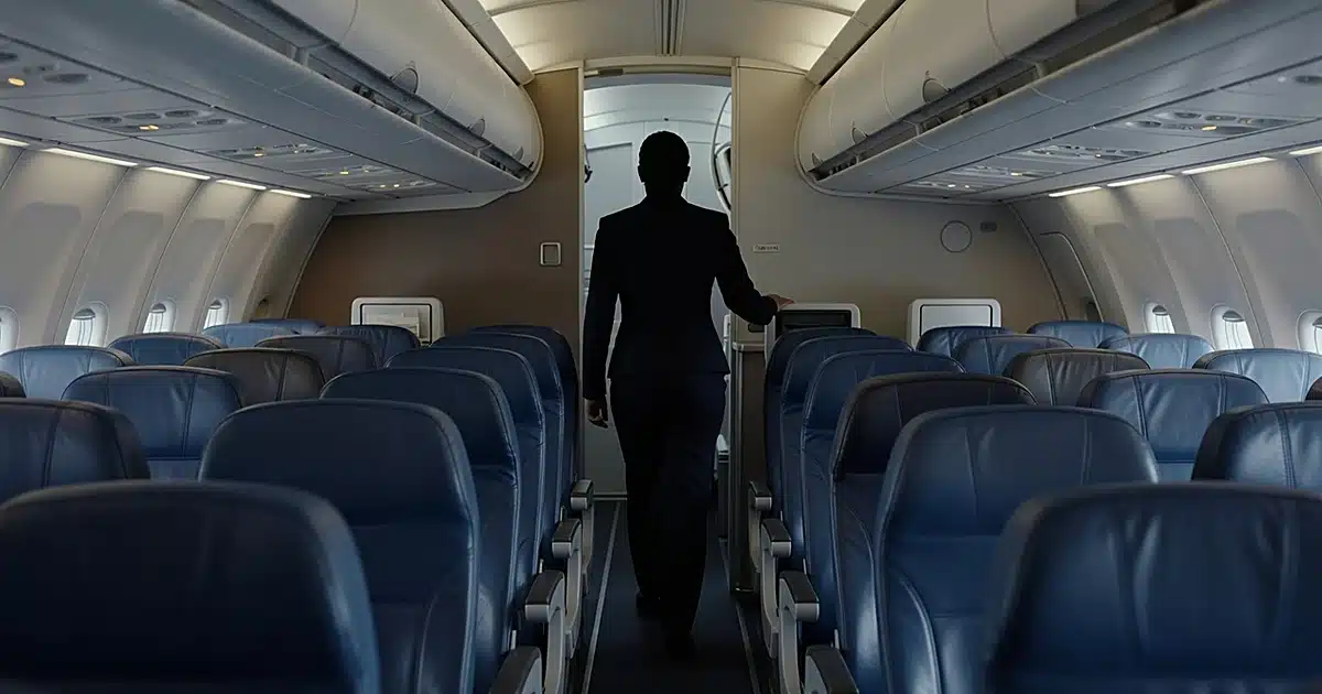 Empty airplane cabin interior with flight attendant silhouette standing at galley area in tense posture