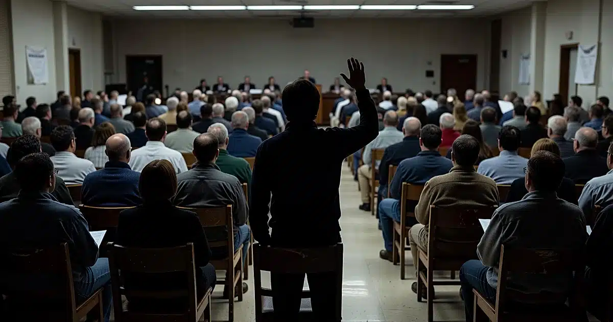 Silhouetted constituents fill a town hall meeting room with one person standing to ask a question