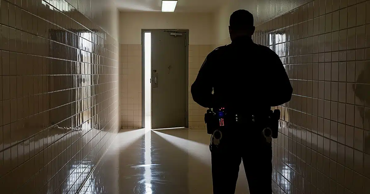 Institutional restroom corridor with emergency lights reflecting on floor and silhouetted figure near doorway