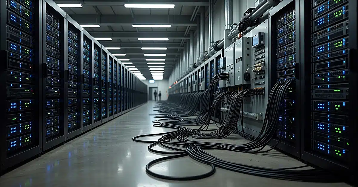 Data center interior with server racks and heavy power cables on concrete floor