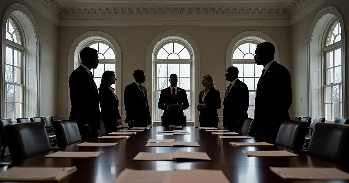Silhouetted figures around conference table with documents in formal State Department meeting room