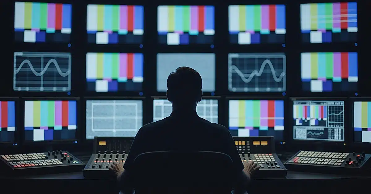 Silhouetted figure at broadcast control room console with wall of glowing monitors in background