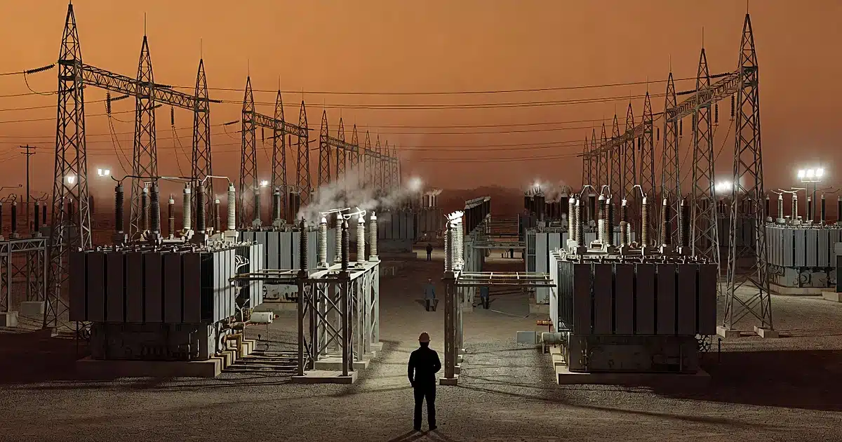 Electrical substation with transformers and transmission towers at dusk with silhouetted worker monitoring equipment