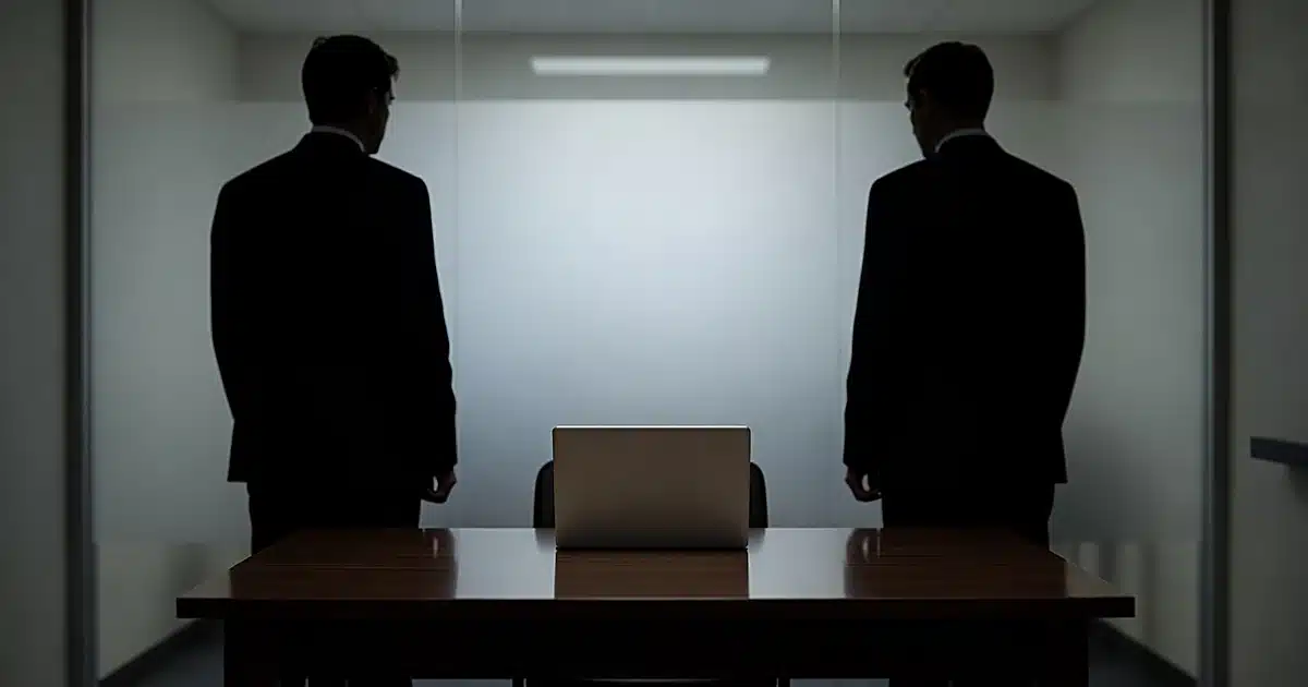 Closed laptop on evidence table between two silhouetted figures in FBI examination room