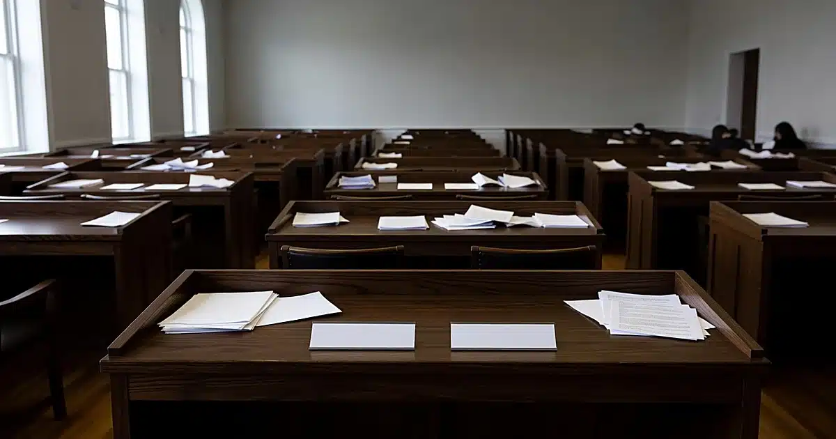 Empty legislative chamber with scattered papers and duplicate nameplates on wooden bench