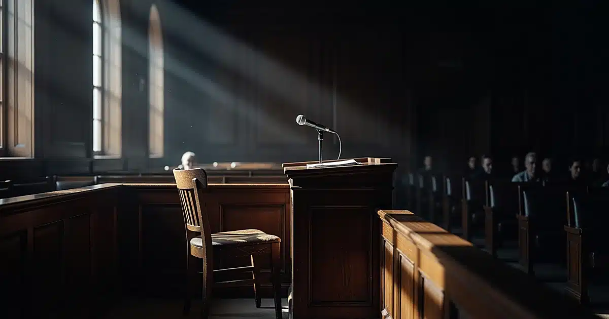 Empty witness stand with microphone in federal courtroom, dramatic window lighting casting shadows across wood surfaces