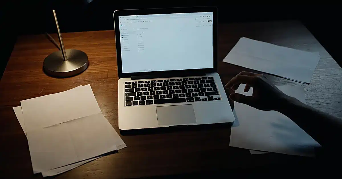Silhouetted hand typing on laptop with scattered papers on desk in dramatic office lighting