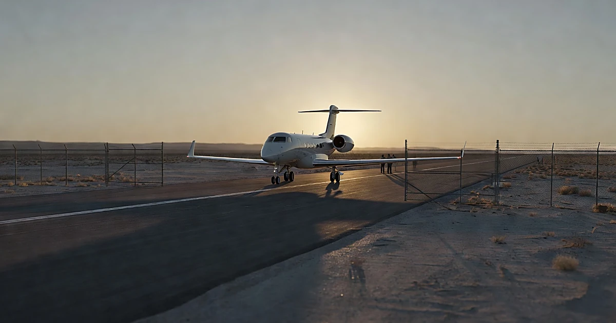Private jet on desert runway at dawn with perimeter fencing visible in background