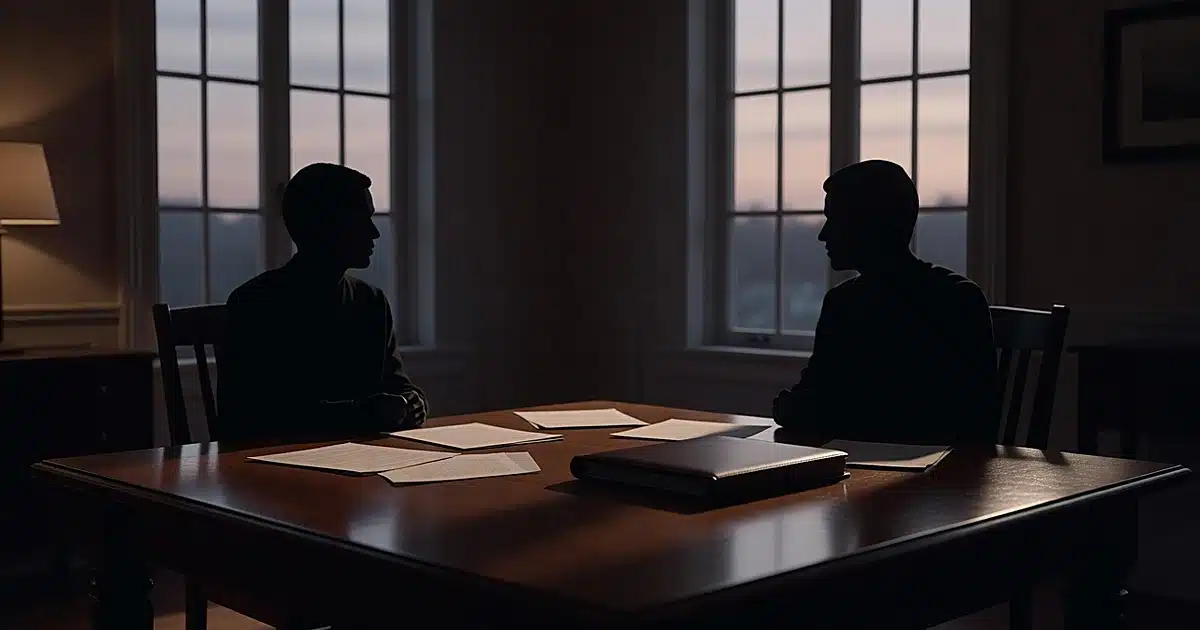 Two silhouetted figures in private conversation across a table in a dimly lit study with papers between them