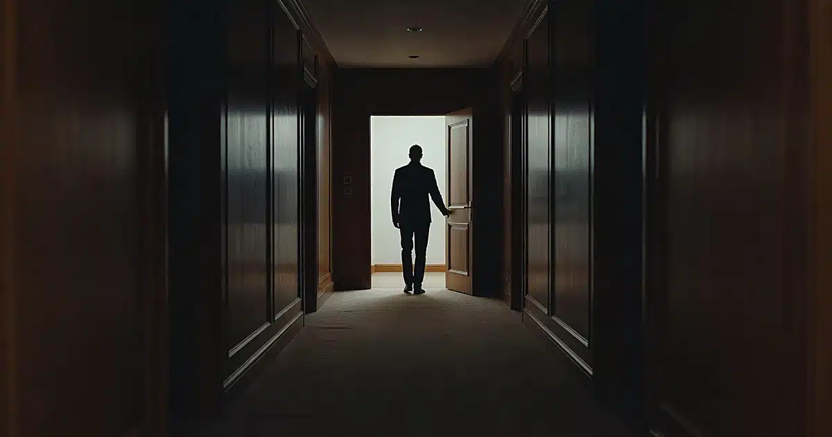 Silhouetted figure standing in doorway at end of hallway, backlit, suggesting contemplation and decision