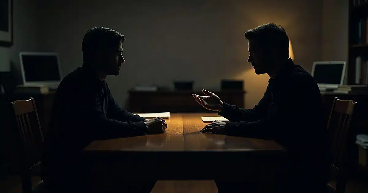 Two silhouetted figures in private conversation across a table in dimly lit study with warm lamp light