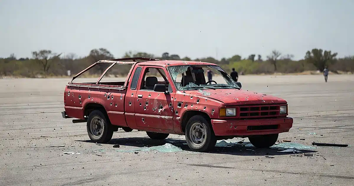Red pickup truck with multiple bullet holes in door panels and shattered windshield glass in daylight