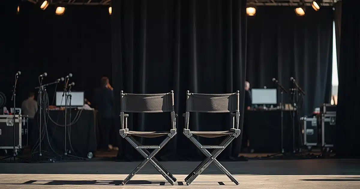 Two empty chairs backstage at a political rally with microphone stands and equipment in soft focus background