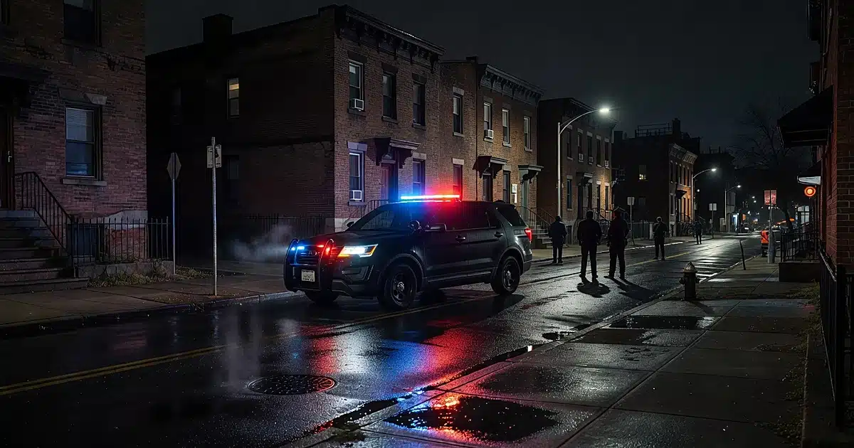 Government enforcement vehicle with emergency lights on wet urban street at night