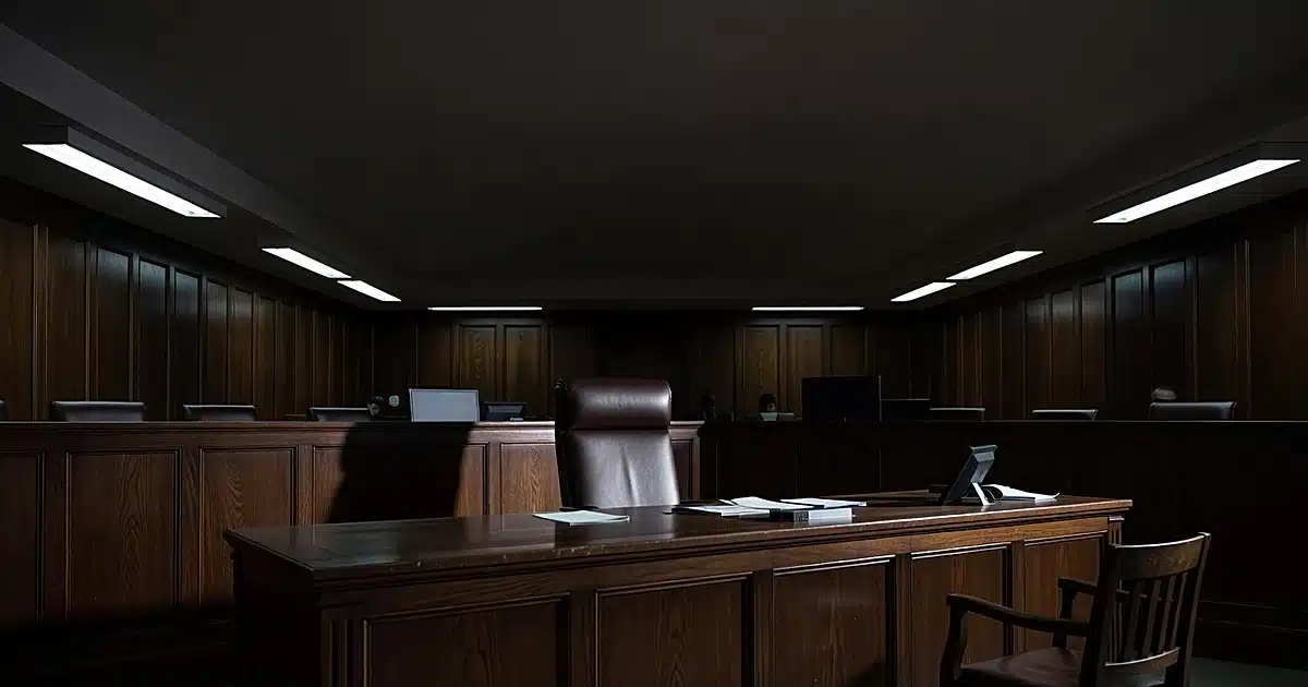 Empty courtroom with judge's bench and witness stand in dramatic lighting