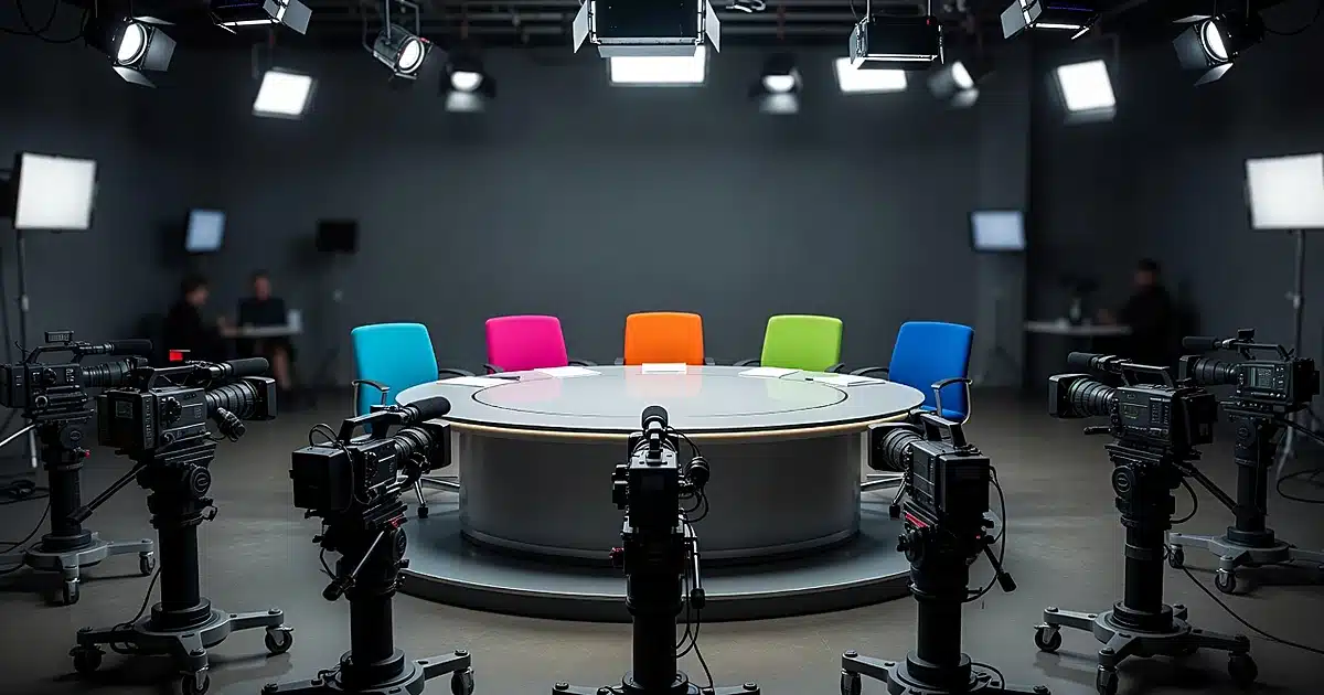 Empty television talk show set with curved desk, vacant chairs, and broadcast cameras in foreground