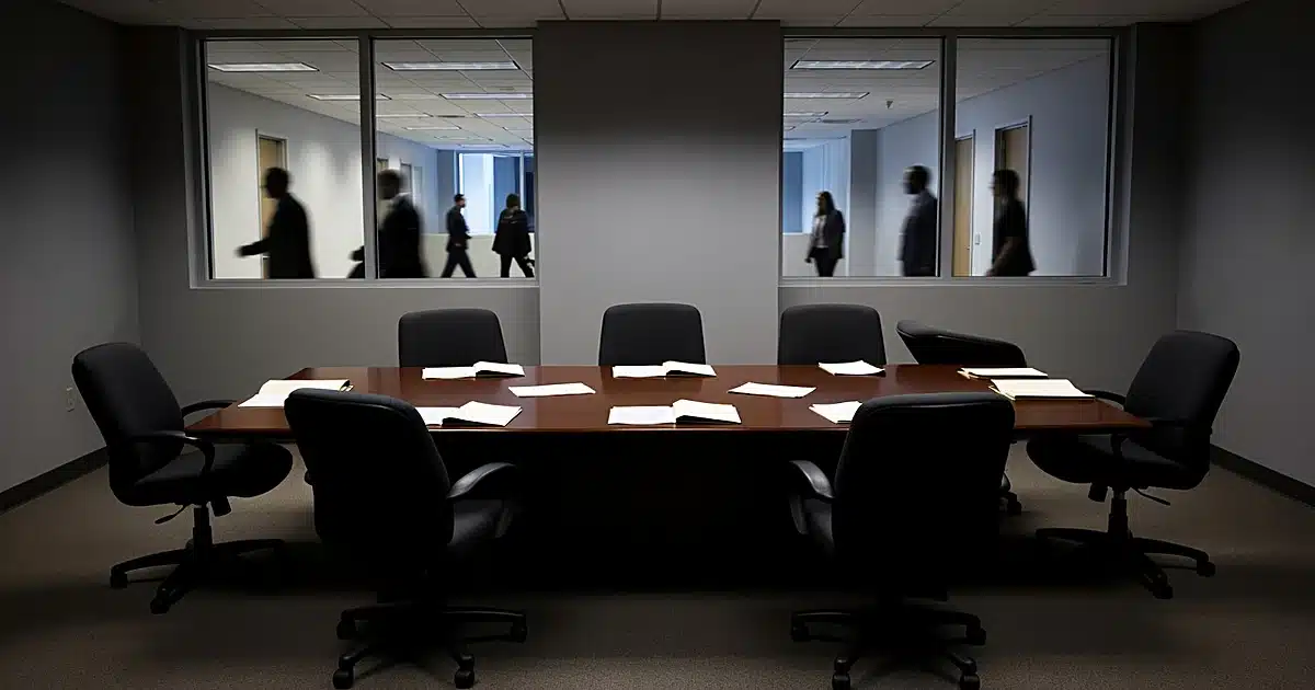 Empty FBI conference room with vacant chairs and scattered documents on table under fluorescent lighting