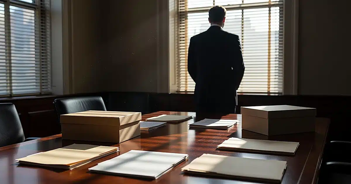 Conference table with case files in New York attorney general office with silhouetted figure by window