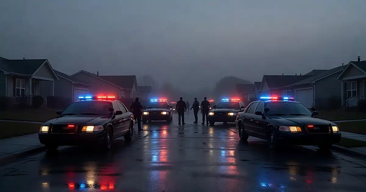 Police vehicles with flashing lights on wet suburban street at dusk with officer silhouettes