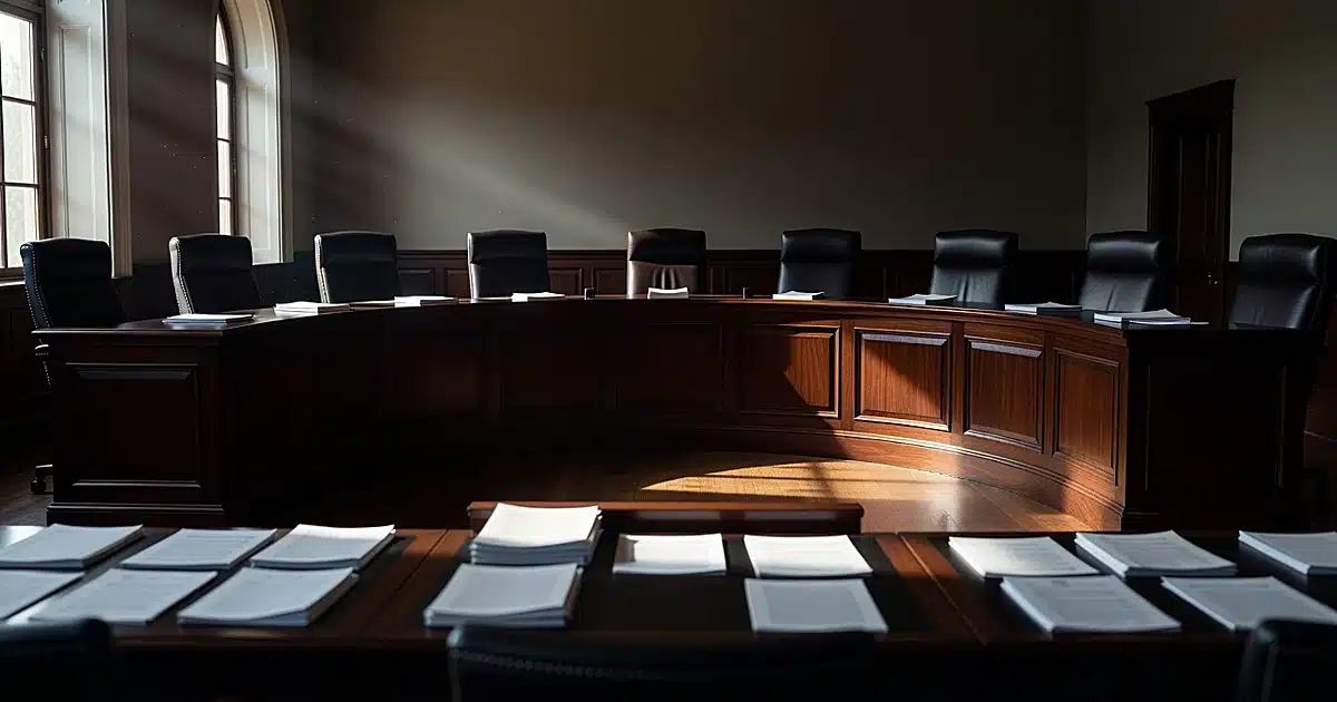 Empty Supreme Court chamber with judicial bench and scattered legal documents on counsel tables
